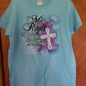 Mr. Right Light Blue Short Sleeve Tee with Floral Cross Graphic
